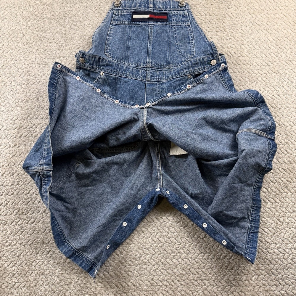 Vintage Tommy Hilfiger Denim Shortalls Womens Large Blue Logo Straps 90s Y2K - Picture 2 of 16